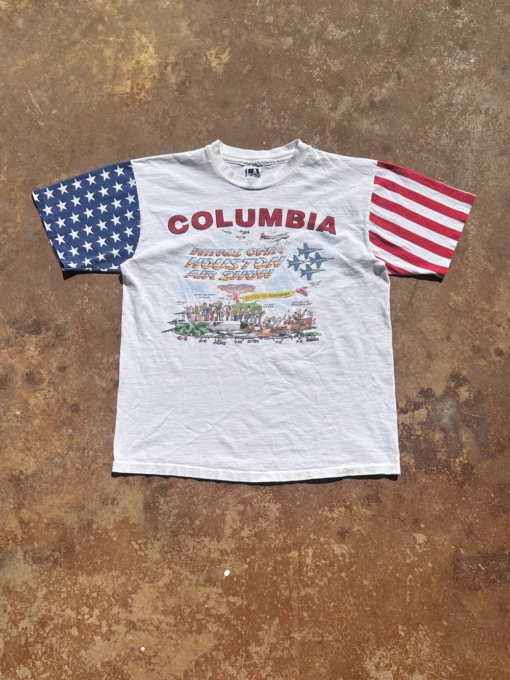 80s Columbia Wings Over Houston Air Show Tee W Stars & Stripes sleeves Size M/L